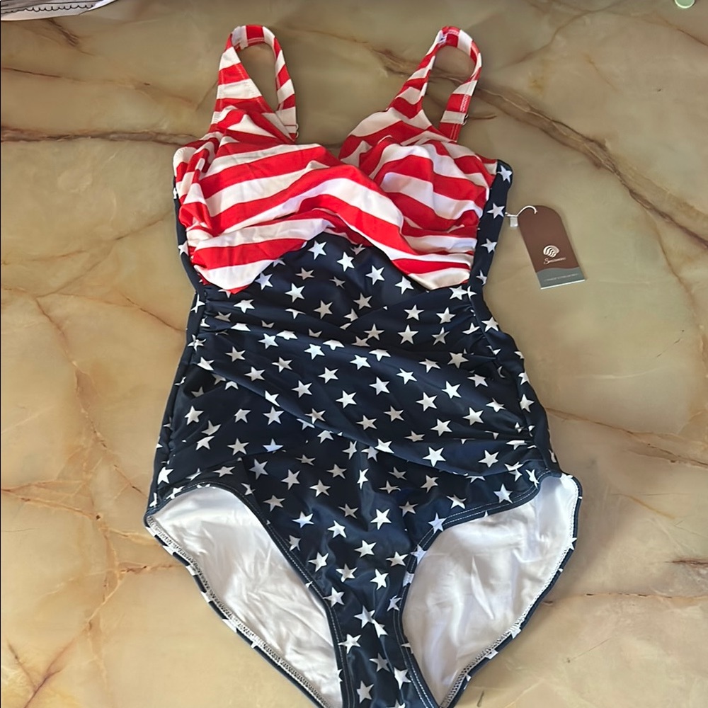 Red and White Striped Swimsuit with Blue Star Pattern